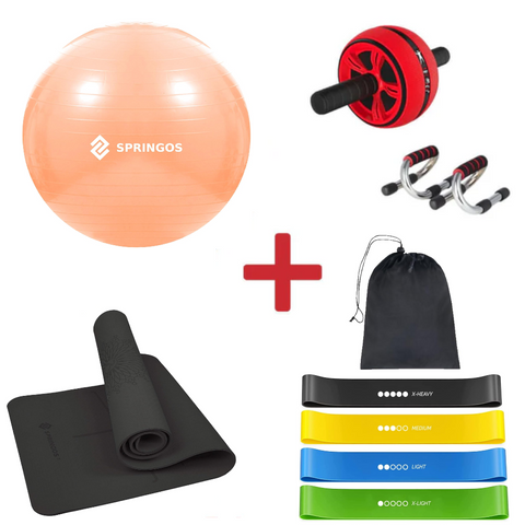 [COMPLETE KIT] 6mm Fitness Mat + Fit Ball + Push-up Handles + Ab Roller + Elastic Bands Kit